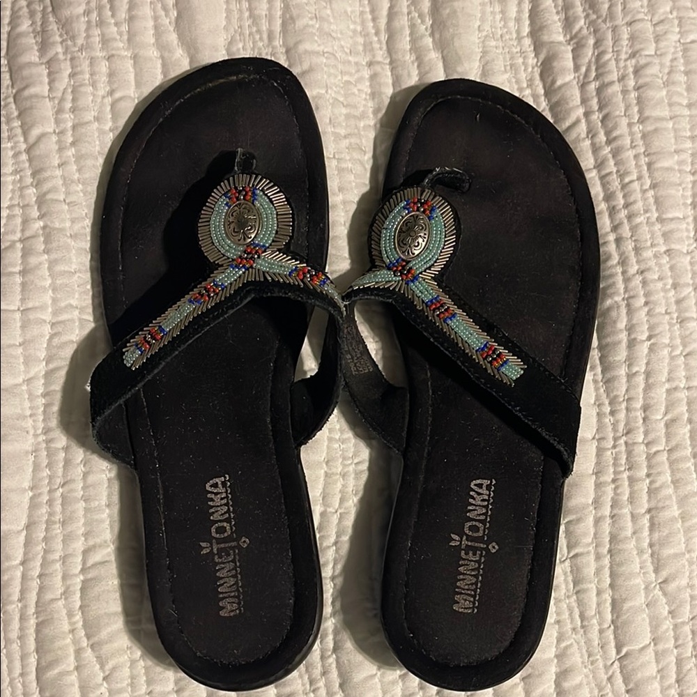 Minnetonka Black Beaded Women's Sandals